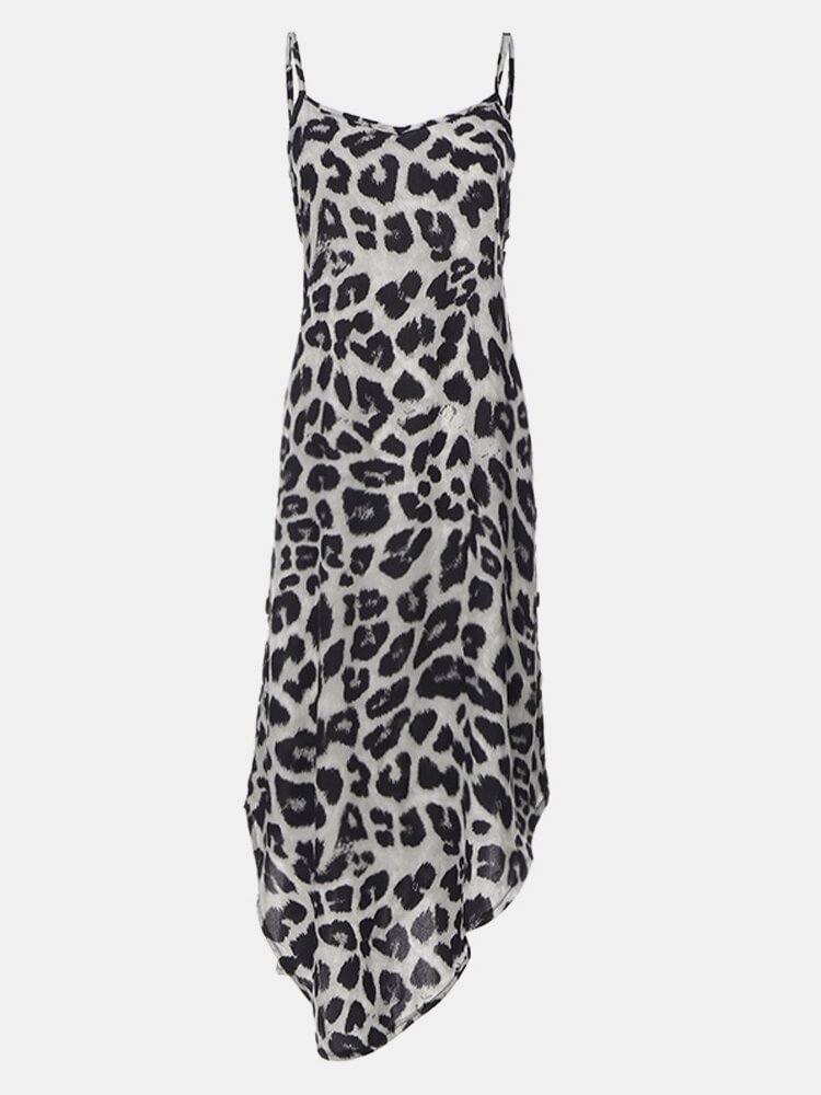 Sexy Leopard Print Strap Sleeveless V-Neck Button Asymmetrical Dress - Shop Trendy Women's Fashion | TeeYours