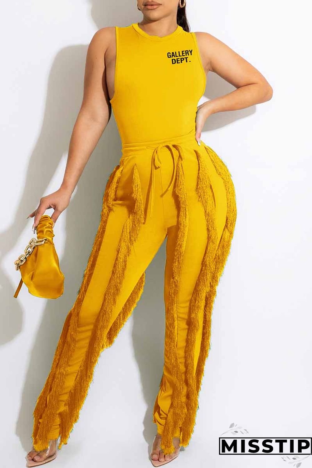 Green Street Print Tassel Letter O Neck Sleeveless Two Pieces