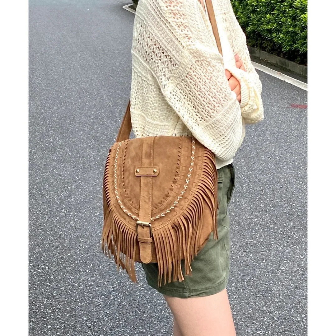 Handmade Suede Tassel Bag Women Retro Saddle Bag Fashion Shoulder Bag Messenger Bag