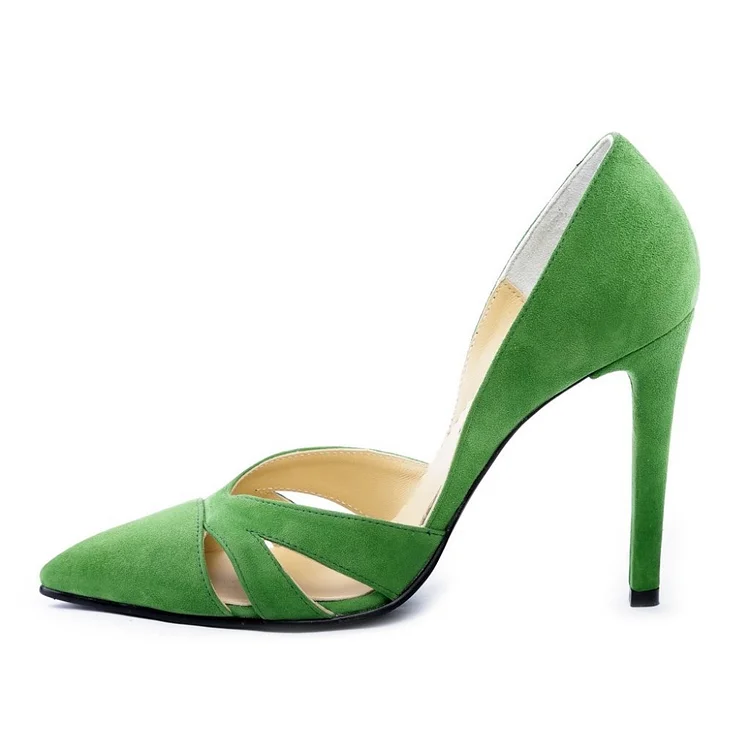Green Hollow-out Vegan Suede Stiletto Heels Pointed Toe Low Cut Pumps |FSJ Shoes
