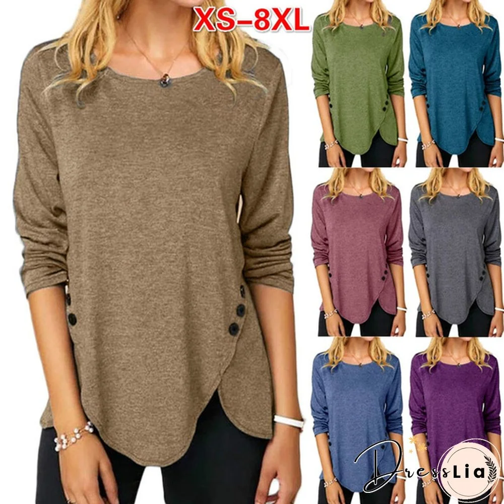 XS-8XL Fashion Clothes Autumn and Winter Tops Women's Causal Solid Color Irregular Shirts Round Neck Button Stitching Loose Blouses Ladies Plus Size Pullover Sweatshirts Long Sleeve Cotton T-shirts