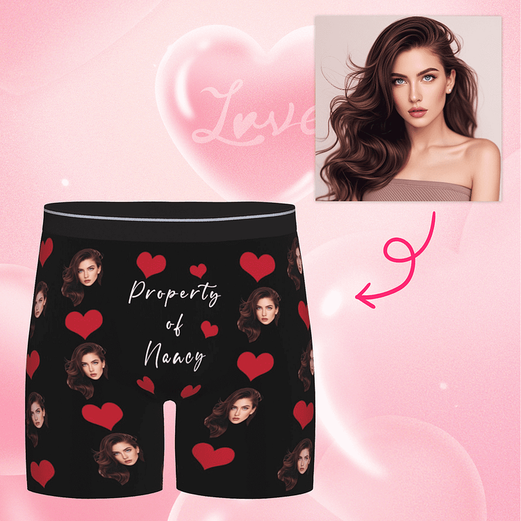 【Byxhuc】Property of Name Personalized Boxers for Men, Long Heart Boxer Briefs for Men, Christmas Birthday Presents for Boyfriend Him