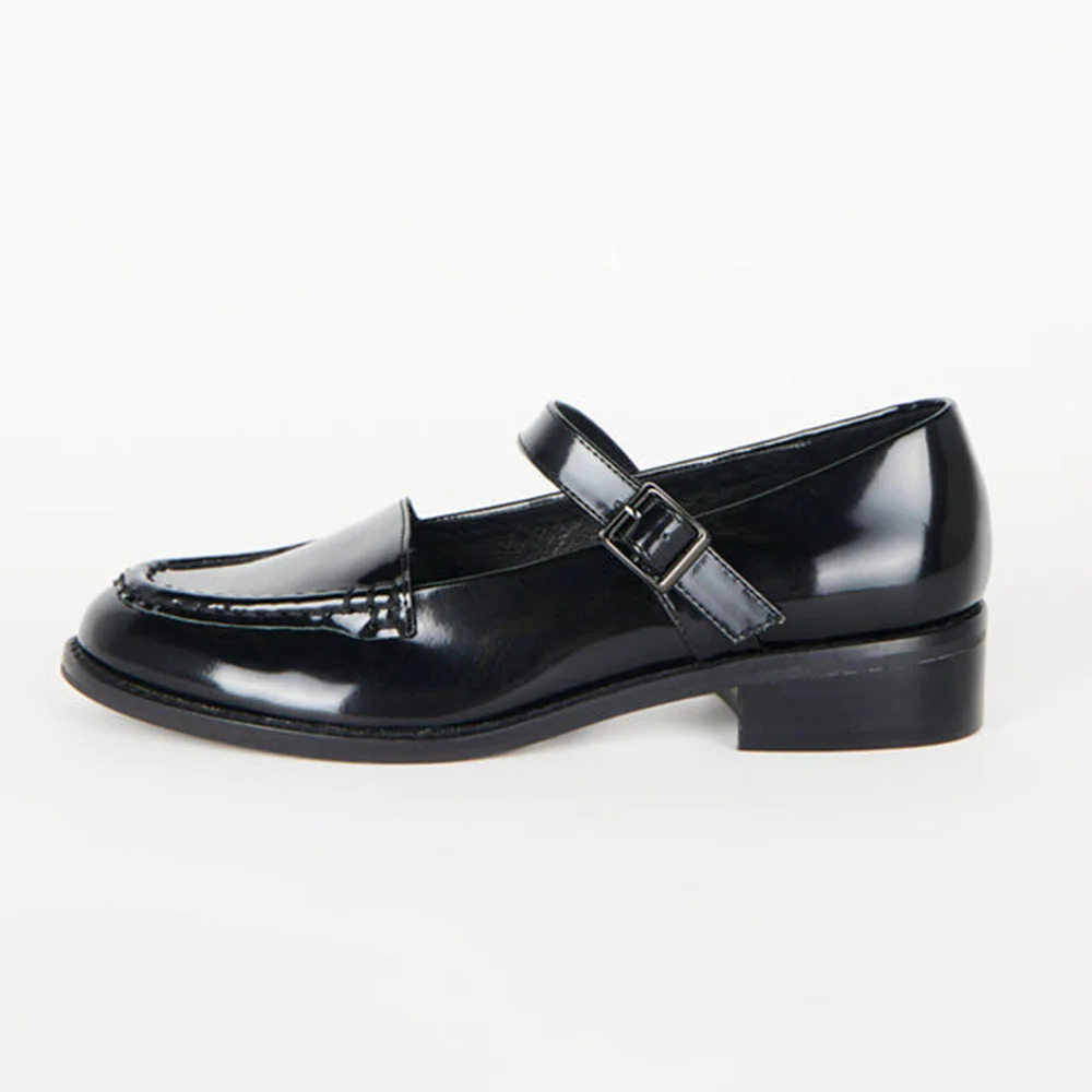 Black Patent Leather Round Toe Mary Jane Shoes Heels with Buckle