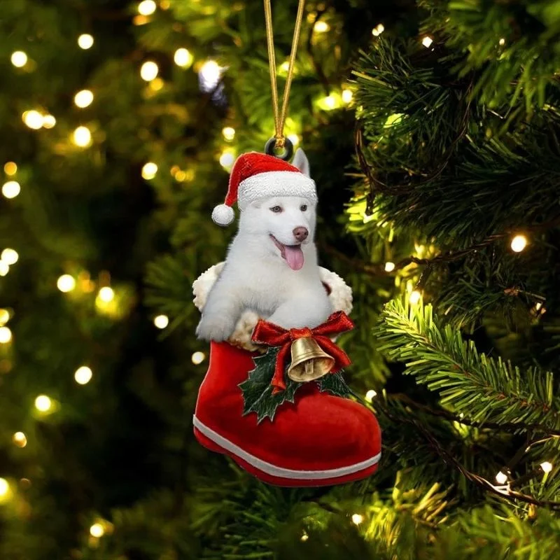 VigorDaily Siberian Husky White In Santa Boot Christmas Hanging Ornament SB064