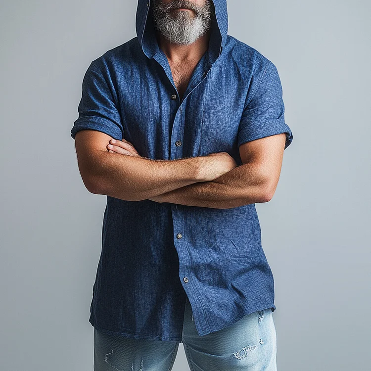 Men's Casual Solid Single Breasted Short Sleeve Hooded Shirt