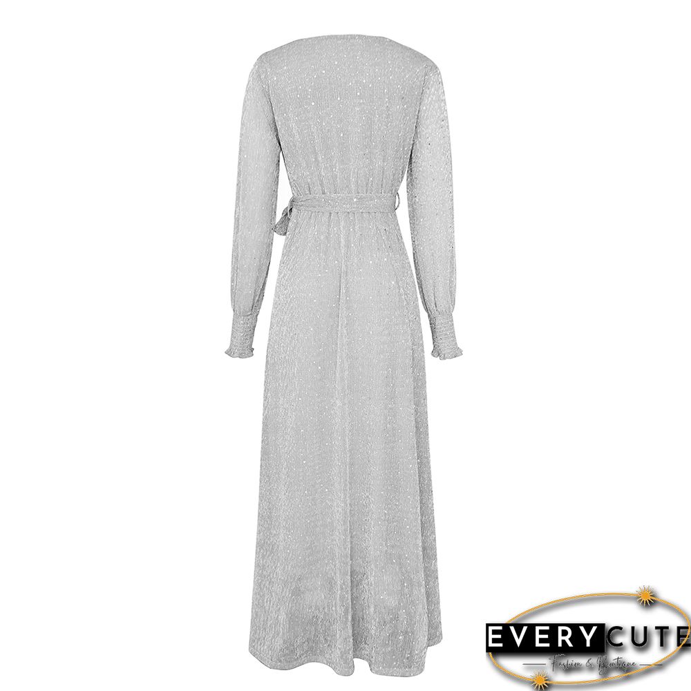 Silver Sequin V Neck High Split Maxi Dress