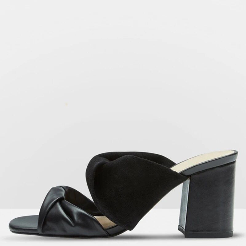 TAAFO Black Butterfly-Knot High Chunky Heels Sandals Woman Soft Leather For Ladies Shoes Dress