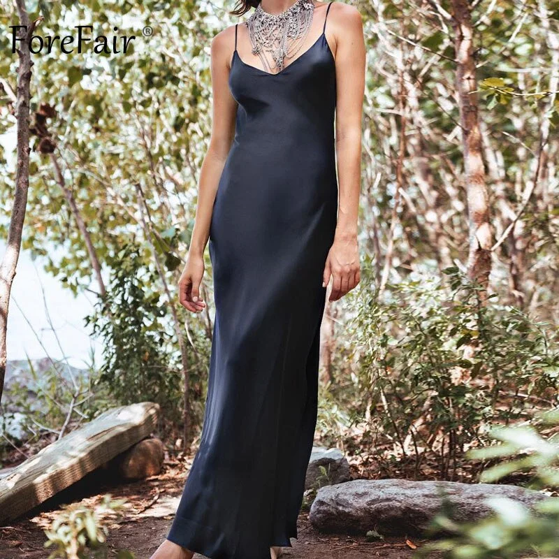 Forefair Sexy Maxi Satin Silk Slip Dress 2021 Summer Fashion Y2k Ladies Spaghetti Strap Backless V Neck Party Maxi Dress