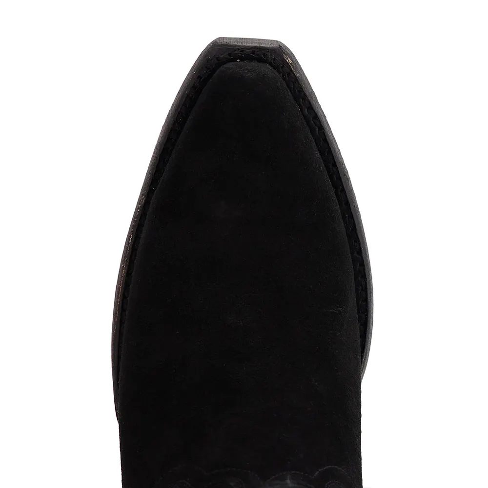 Black Vegan Suede Snip Toe Chunky Heel Pull On Cowgirl Boots