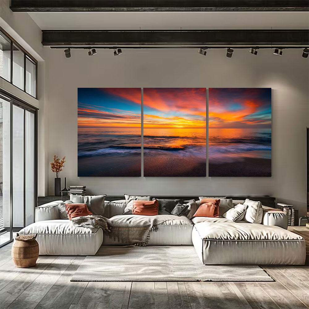 3-Piece Set Fiery Cloud Ocean Sunset Canvas Art