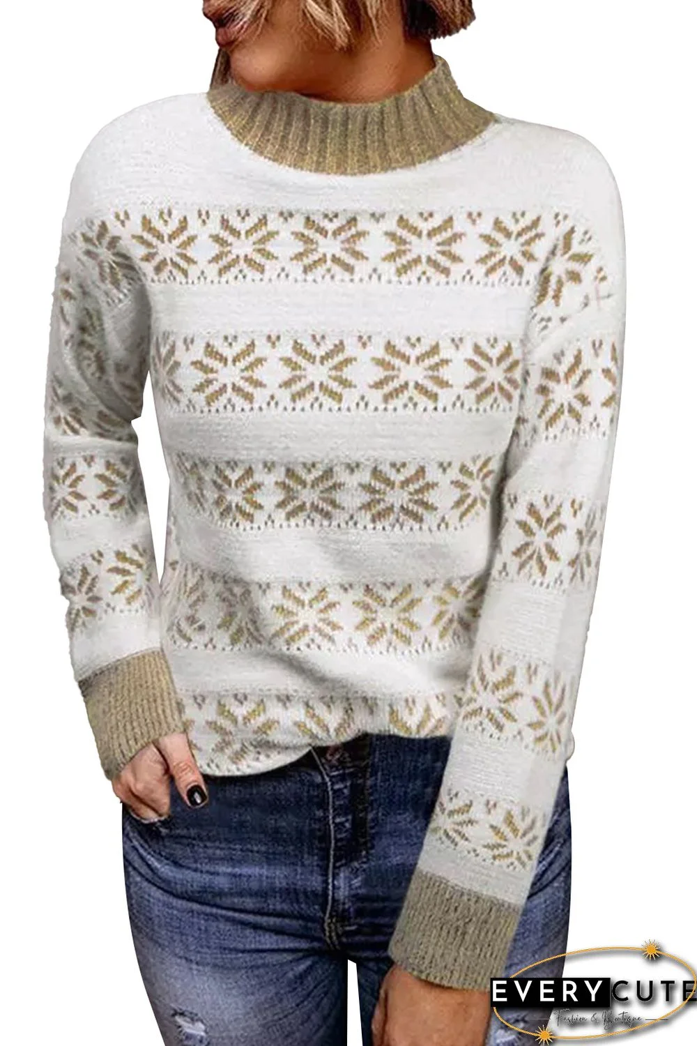 White Christmas Snowflake High Neck Knit Sweater