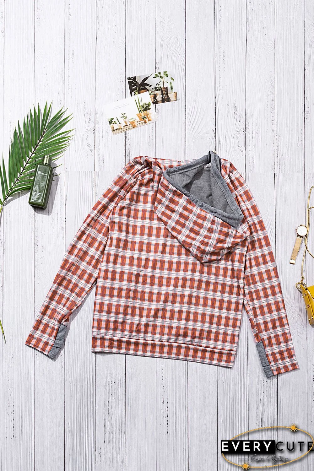 Red Cowl Neck Plaid Drawstring Hoodie with Thumb Hole