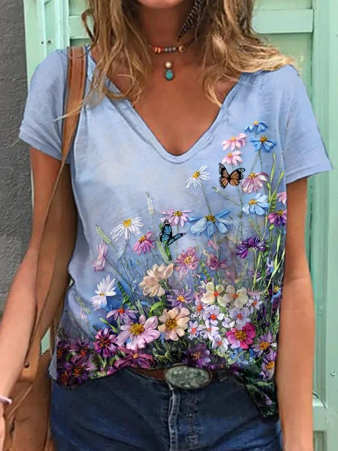 Women's Oil Painting Print V-Neck T-Shirt