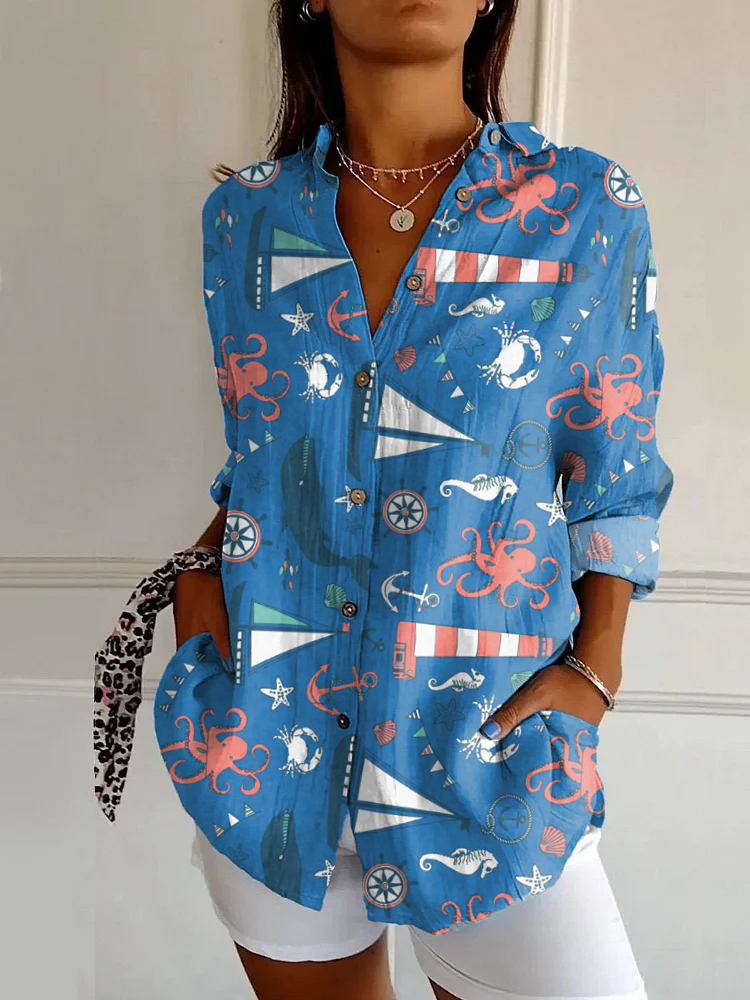 Nautical Octopus Lighthouse Print Long Sleeve Shirt