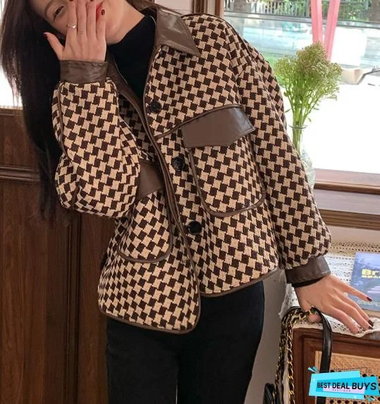 Hounds Tooth Print Color Block Button Design Coat