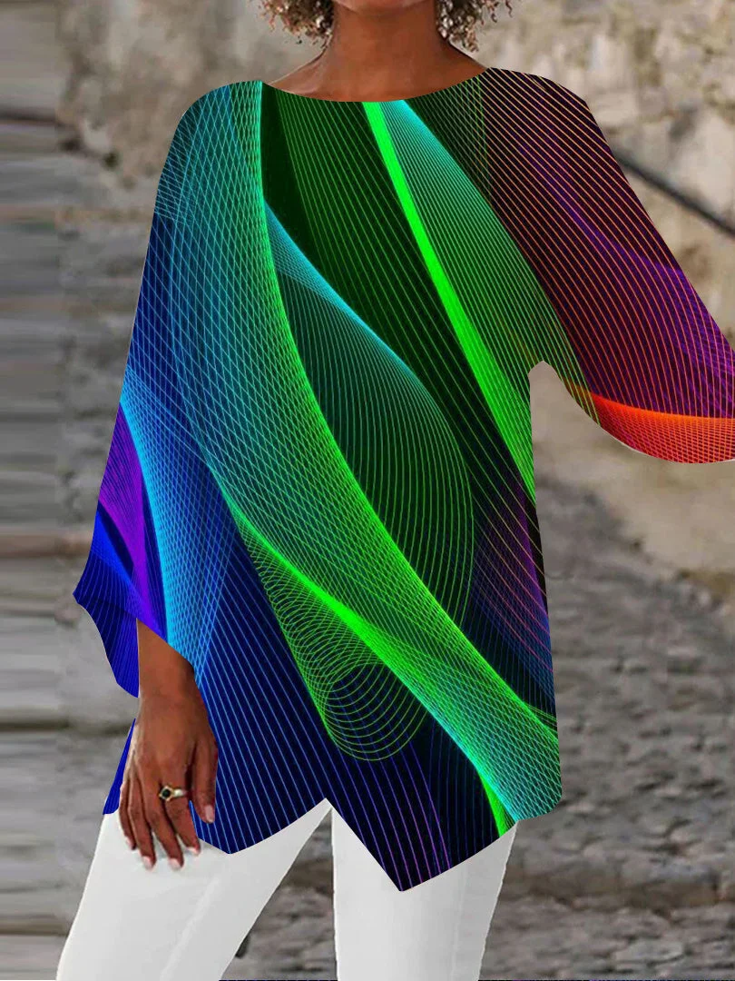Women plus size clothing Women Asymmetrical 3/4 Sleeve Scoop Neck Striped Tops-Nordswear