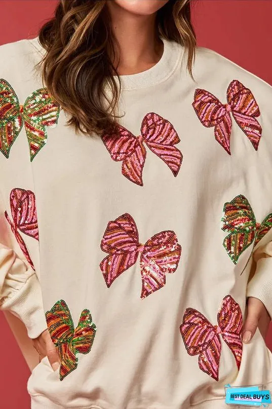 Christmas Bow Sequin Loose Casual Long Sleeve Sweatshirt