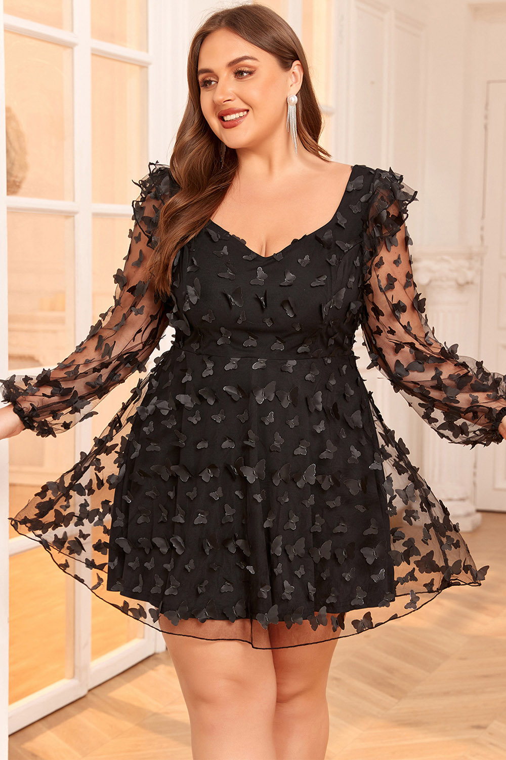 Plus Size Party Magenta Mesh 3D Butterfly Lantern Sleeve Mini Dress 2024 - Flycurvy 