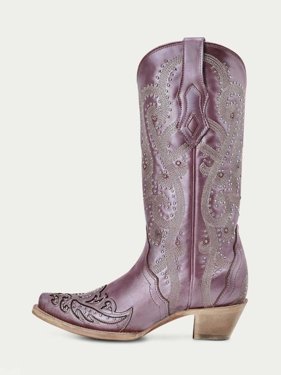 Lavender Snip Toe Patchwork Studded Block Heel Western Boots for Women