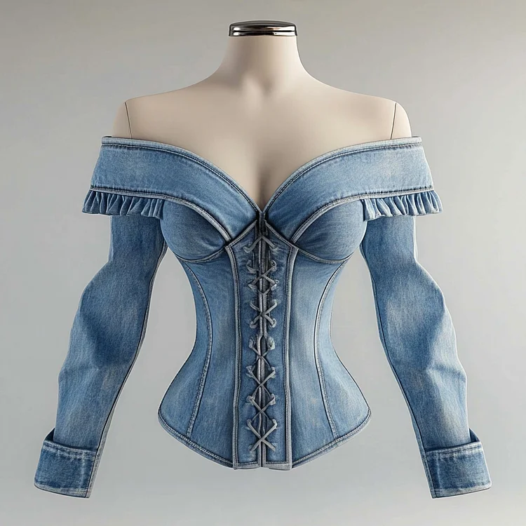 Ursime Denim Ruffled Off The Shoulder Long Sleeve Lace-Up Blouse
