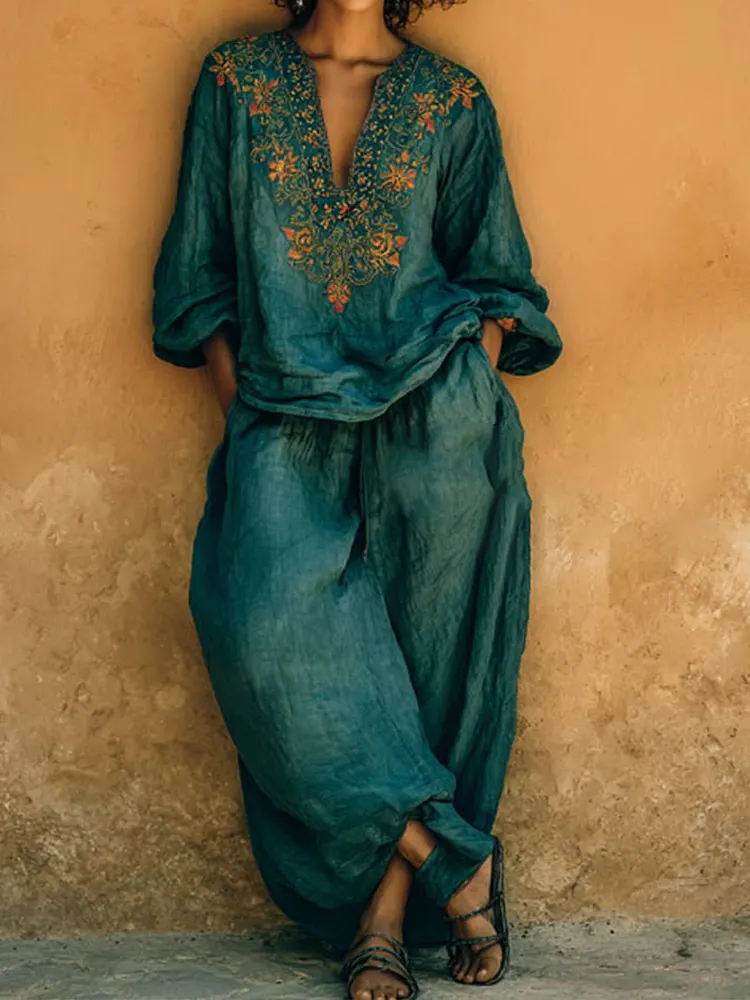Women's Floral Print V-neck Long-sleeved Shirt And Loose-fitting Cotton-linen Set