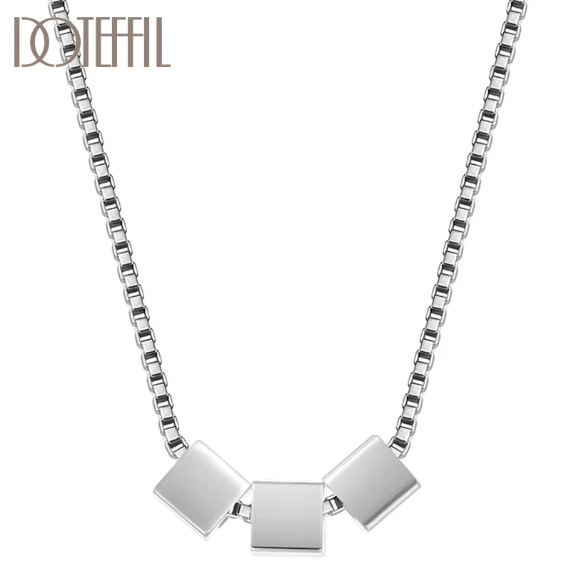 DOTEFFIL 925 Sterling Silver 18 Inch Three Squares Box Chain Pendant Necklace For Women Man Jewelry