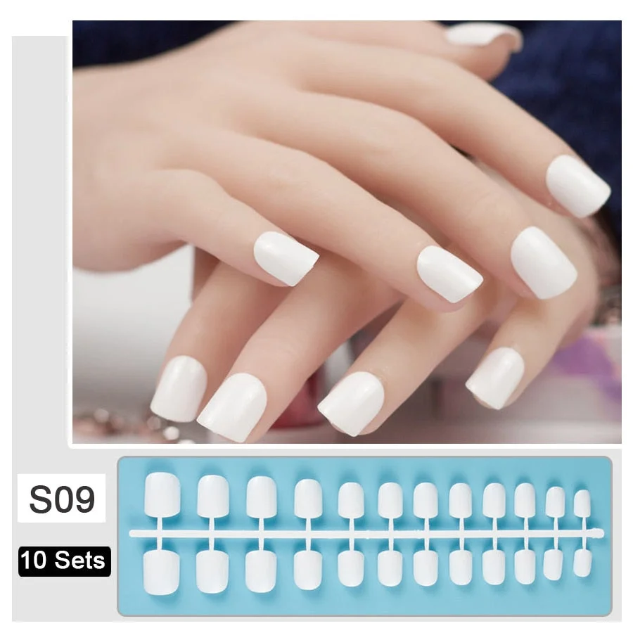 10 Sets/Pack Mixed Solid Colors Coffin Round Square Almond Shape False Nails Full Cover Nail Tips Short Fake Nails Tip Manicure-Nail Inspo