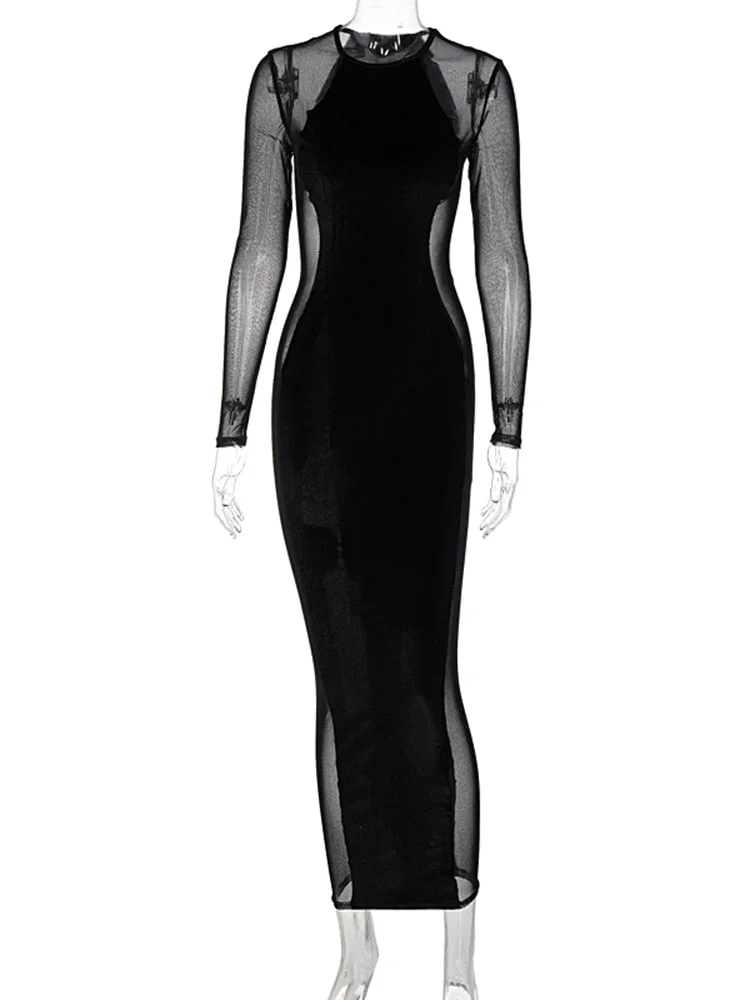 Articat Mesh Transparent Midi Dresses Women Slim Round Collar Ladies Outfits Long Sleeve Fashion Elegant Female Stitching Dress