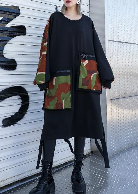 Elegant pockets side open Cotton dresses Shirts black patchwork camouflage Dresses