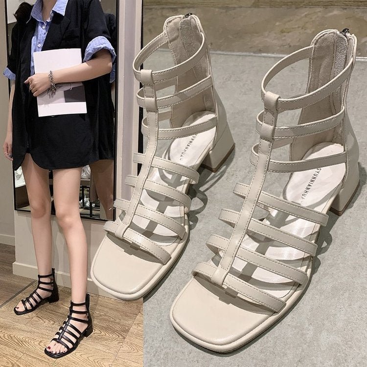 Summer New Roman Sandals Sticky Leather Open Toe Square Heel Pu Roman Shoes Cross Strap Zipper Mid Heel Sandals for Women 2021