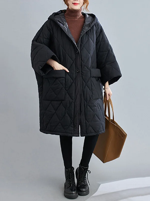 Artistic Retro Loose Solid Color Buttoned Hooded Long Sleeves Padded Coat