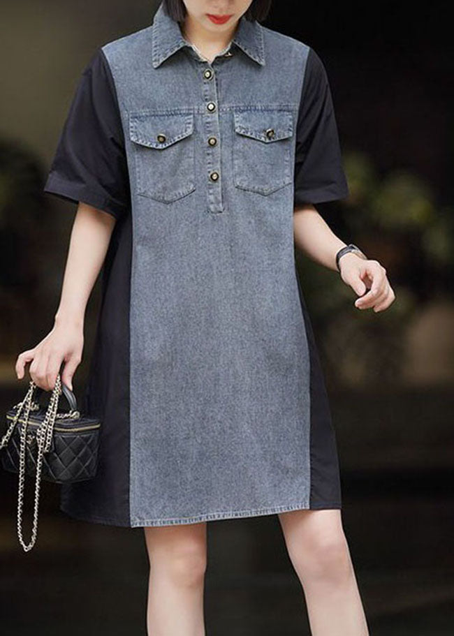 VCSHOES Black Peter Pan Collar Denim Patchwork Cotton Dresses Summer