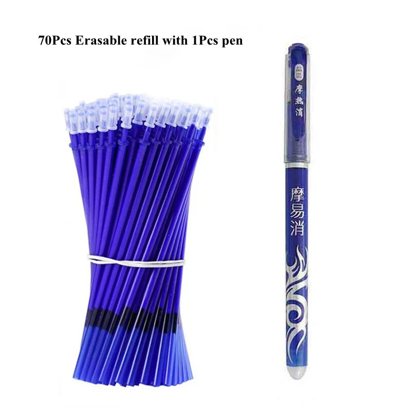 1+70Pcs/Set Erasable Gel Pen Refill Rod 0.5mm Blue Black Ink Erasable Pen Washable Handle for School Writing Stationery Gel Pen