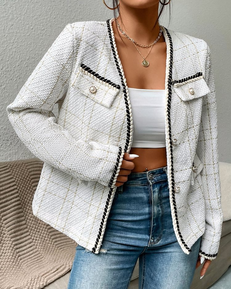 Plaid Tweed Contrast Trim Flap Detail Coat