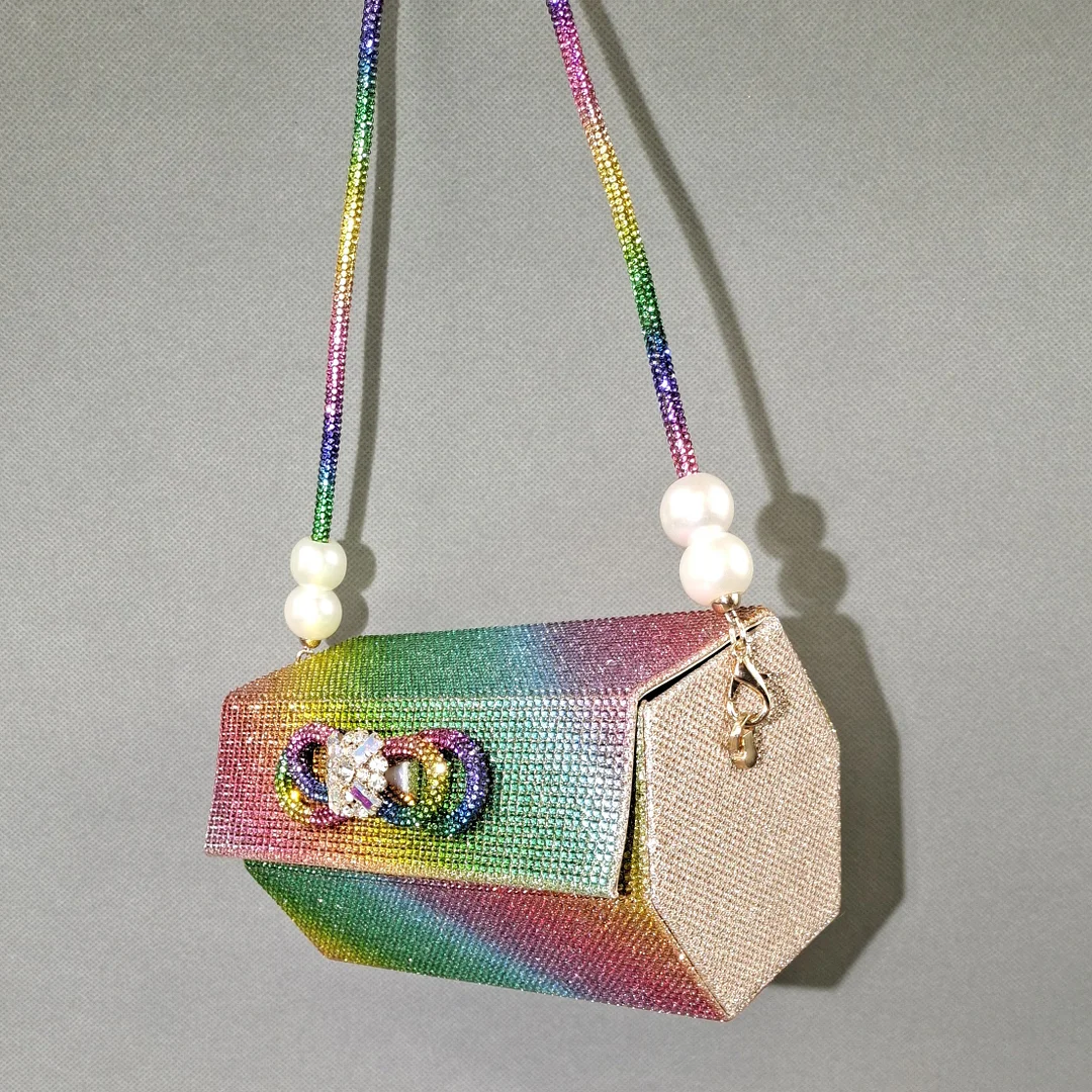 QSGFC 2022 Rainbow color popular pointed Full of diamonds and shiny shoes with bags, banquet shoes and bags, and friends party s