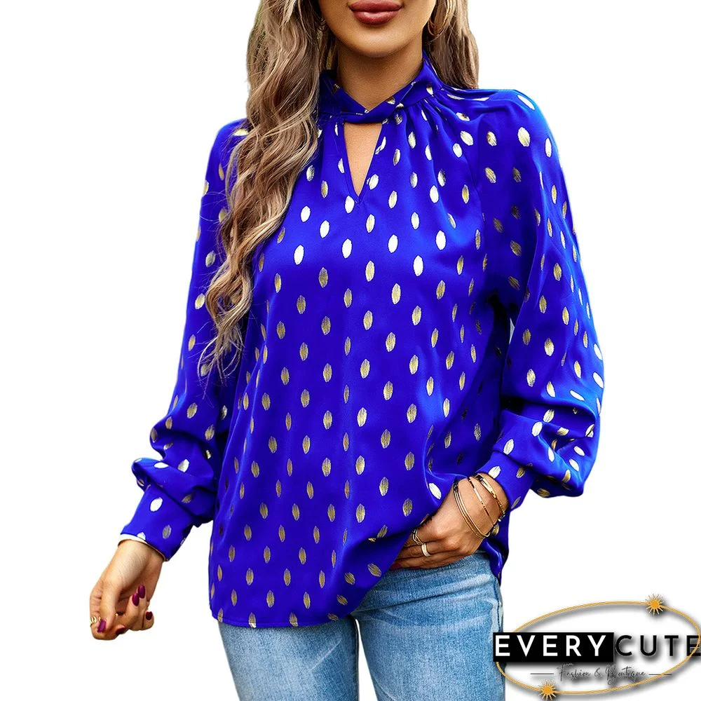 Royal Blue Notched Neck Pleated Cuffs Long Sleeve Tops