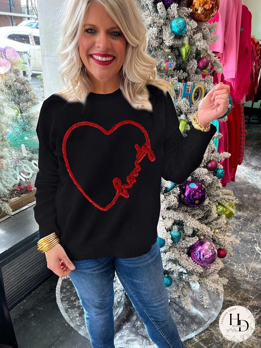 Heartfelt Black Graphic Round Neck Sweater