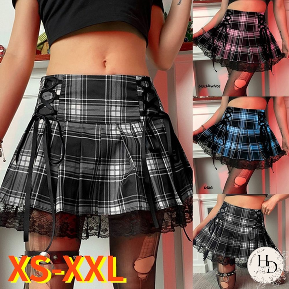 Summer New Lace Gothic Woman Skirts Pink Stripe Plaid Trim Pleated Skirt Punk Dark