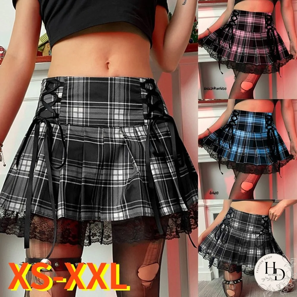 Summer New Lace Up Goth Woman Skirts Pink Stripe Plaid Lace Trim Pleated Skirt Punk Dark Academia Aesthetic E Girl Clothes Xs-Xxl