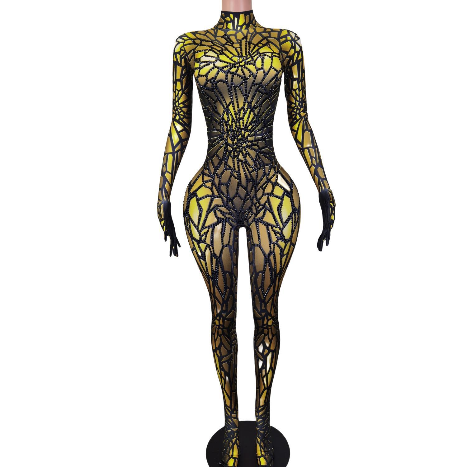 GOOSHOE Diamonds Jumpsuit Gloves Party Outfit Posui