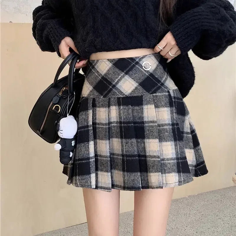 Aiertu Plaid Wool Skirt Vintage Kawaii Sweet Korean Fashion Mini Skirts Preppy Style Cute Autumn Winter Patchwork Short Skirts Aiertu
