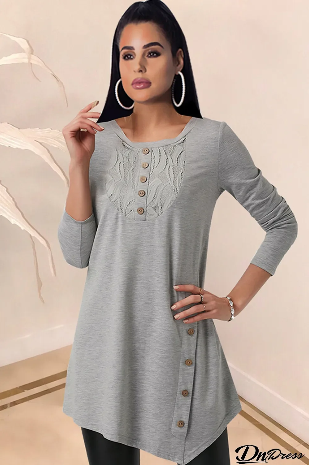 Grey Polyester O Neck Long Sleeve Solid Patchwork Print Long Sleeve Tops