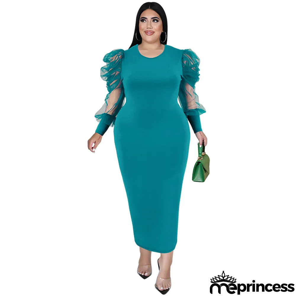Plus Size Fall Women'S Round Neck Ruched Mesh Long Sleeve Solid Color Long Dress