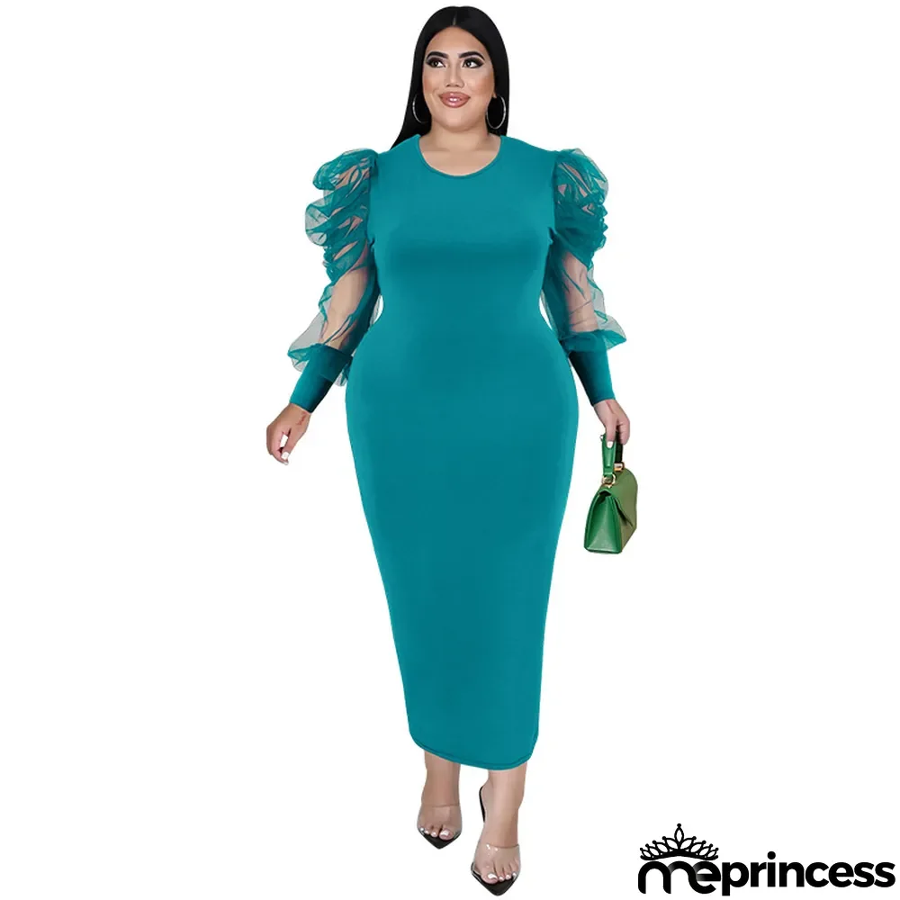 Plus Size Fall Women'S Round Neck Ruched Mesh Long Sleeve Solid Color Long Dress