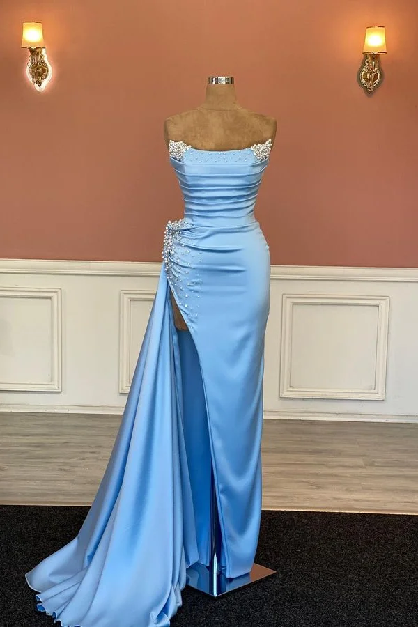Bellasprom Sky Blue Strapless Mermaid Prom Dress Pearls With Split Ruffles