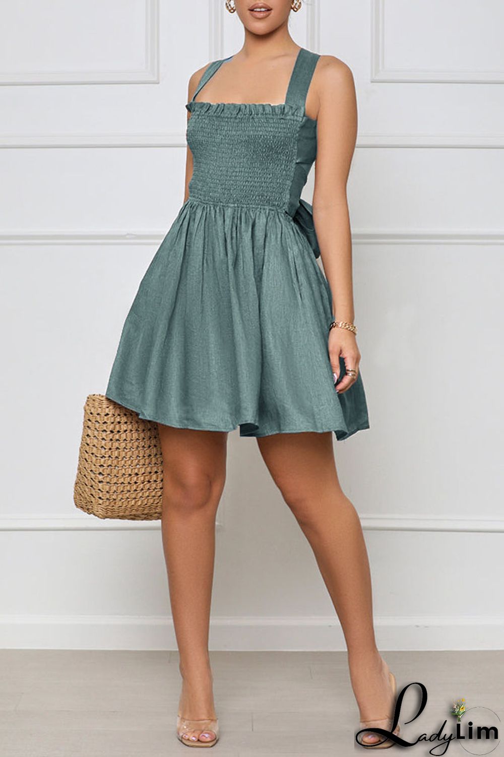 Brown Sexy Solid Bandage Patchwork Fold Spaghetti Strap A Line Dresses