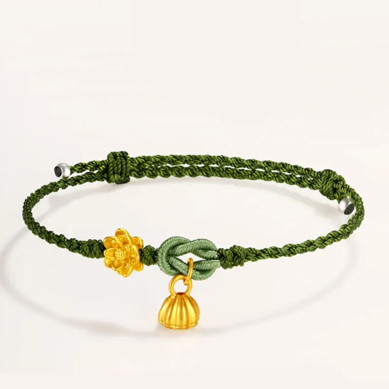 Handmade 999 Gold Lotus Flower Pod New Beginning Braid String Bracelet