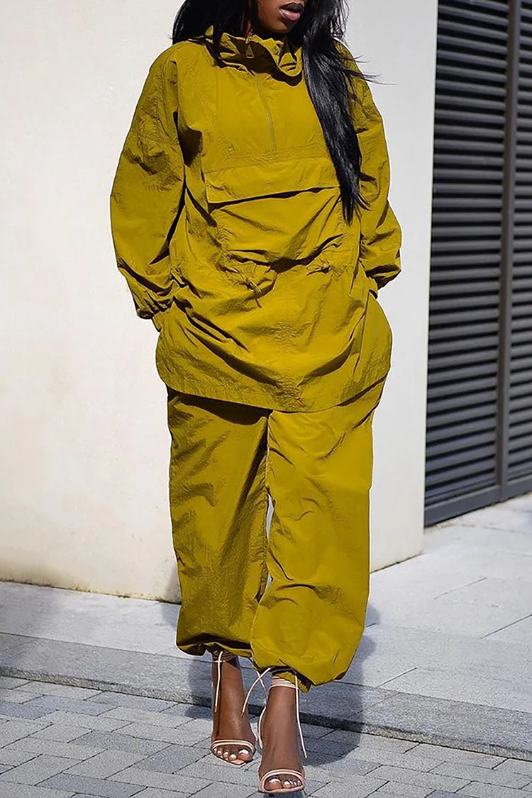Plus Size Daily Pant Set Yellow Cargo Ruched Two Piece Pant Set With Pocket 