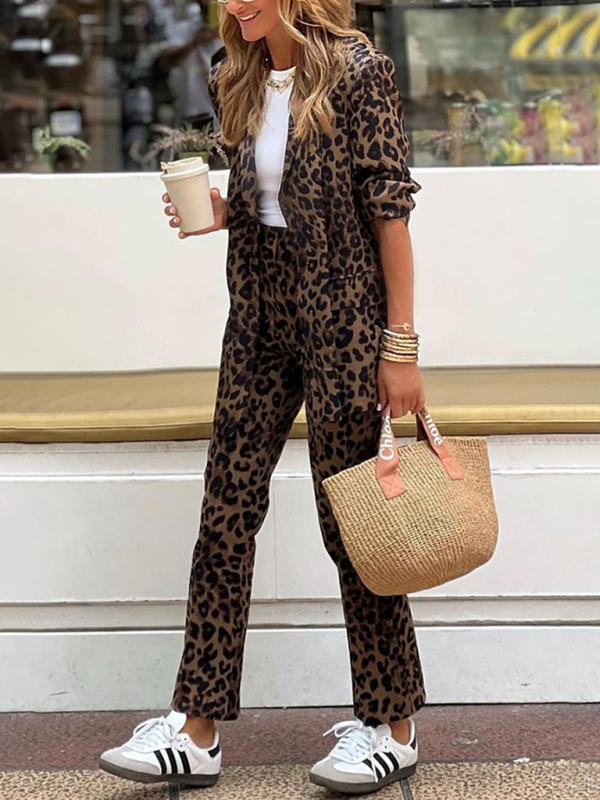 Mature Women Fall And Winter Leopard Print Casual Fashion Cardigan Jacket Suit Set Trousers