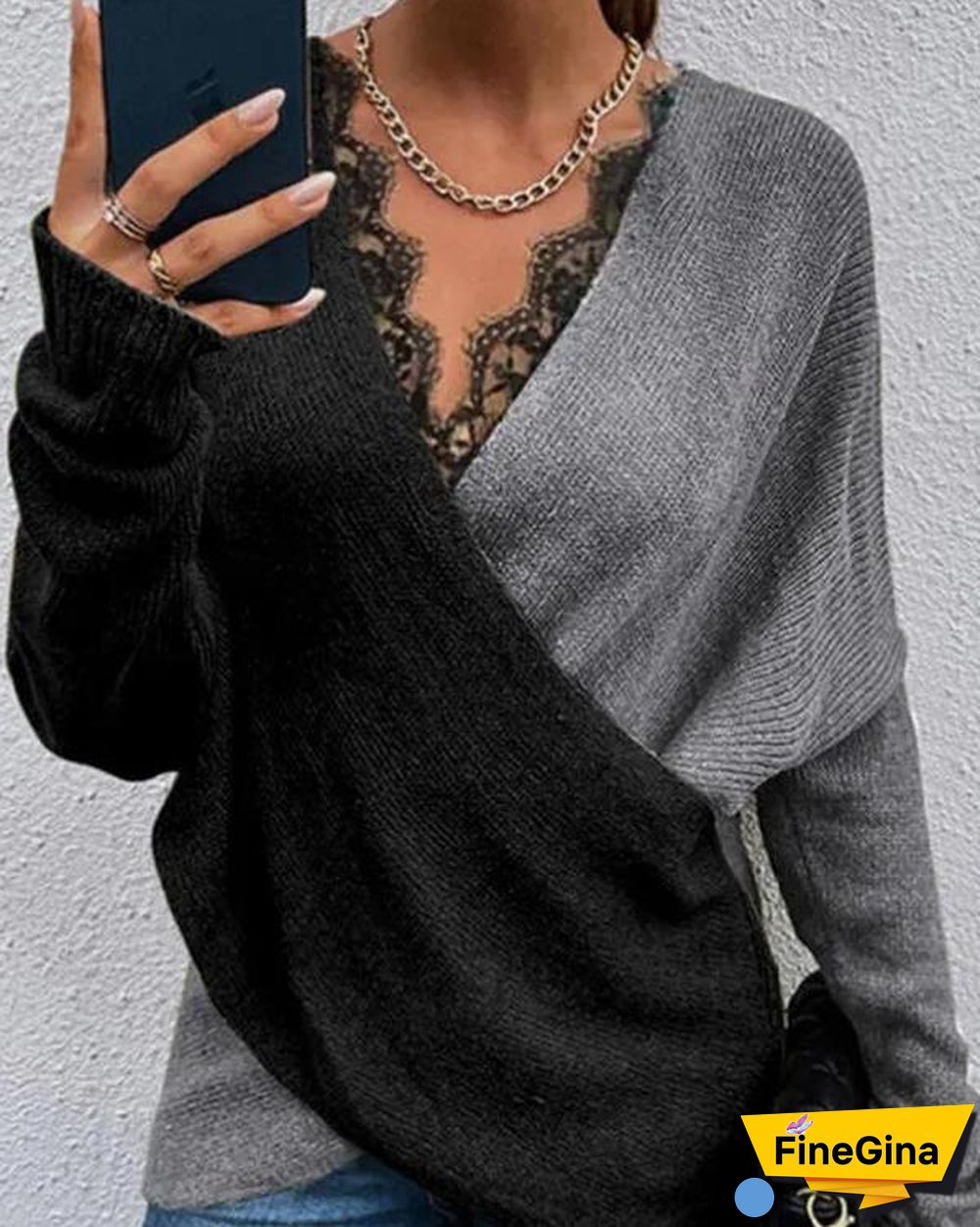 Color Contrast Cross Lace V Neck Sweater